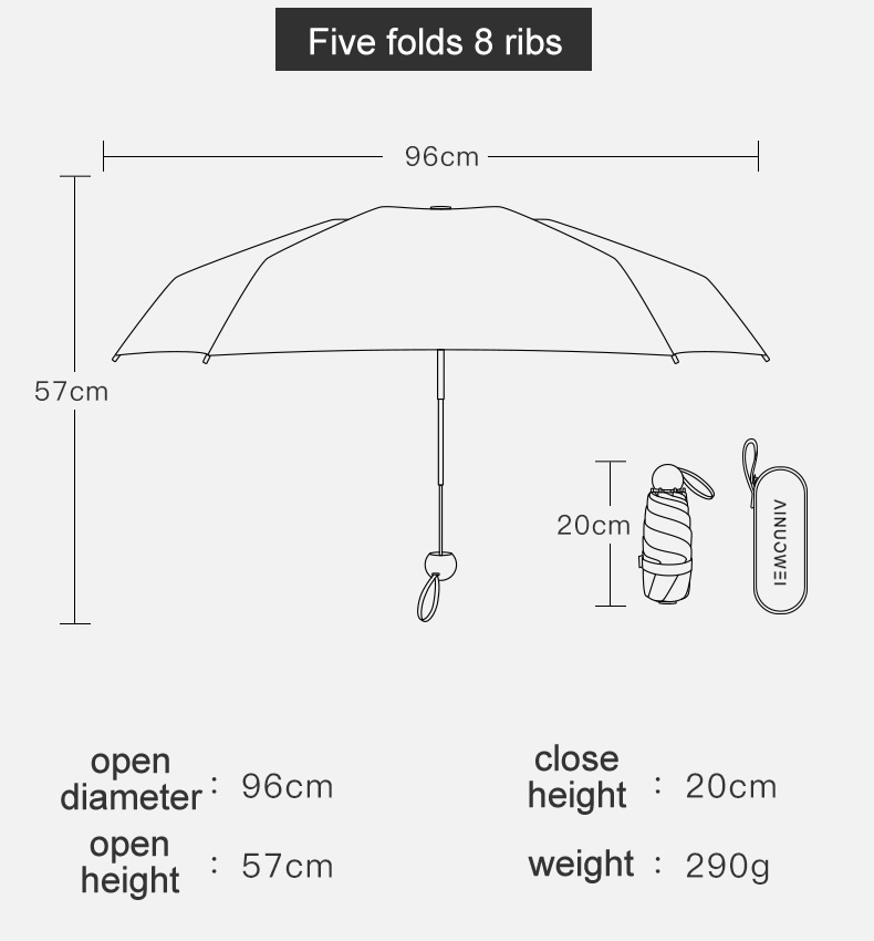 five fold umbrella size