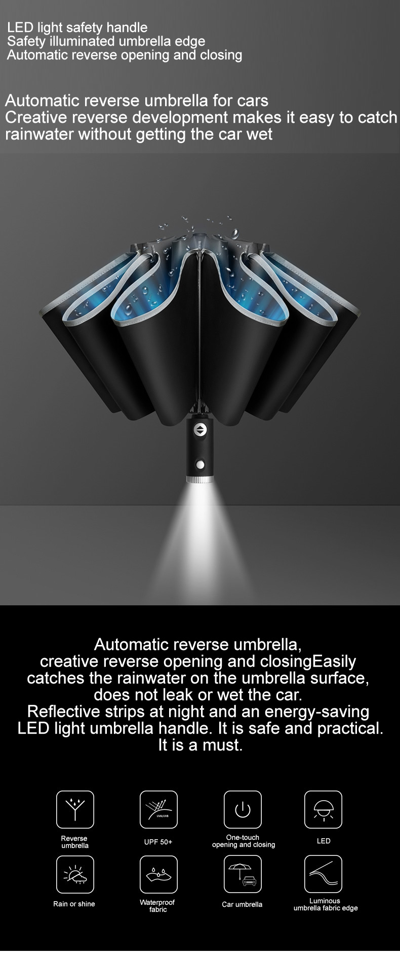 Automatic umbrella with flashlight